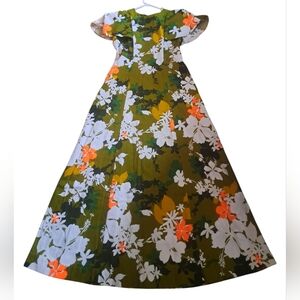 VTG HUKILAU Fashions Hawaiian maxi Dess Cotton Floral Short flutter Sleeves S-M